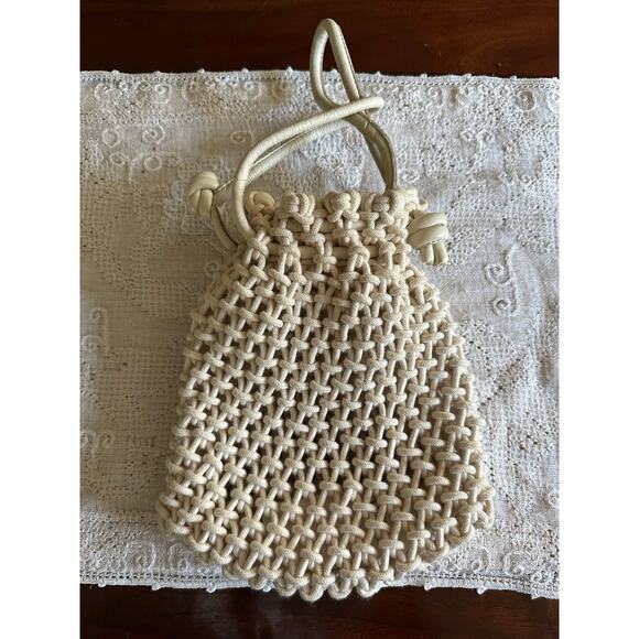 Clare V. Sandy Drawstring Clutch crocheted ivory cotton leather handles bag - Picture 9 of 16